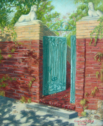 pastel painting of a garden gate in downtown Wilmington, NC