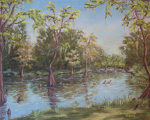 Pastel painting of Greenfield Lake in Wilmington, NC