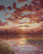 Pastel painting of the view of the Cape Fear River from the Coast Line Convention Center.